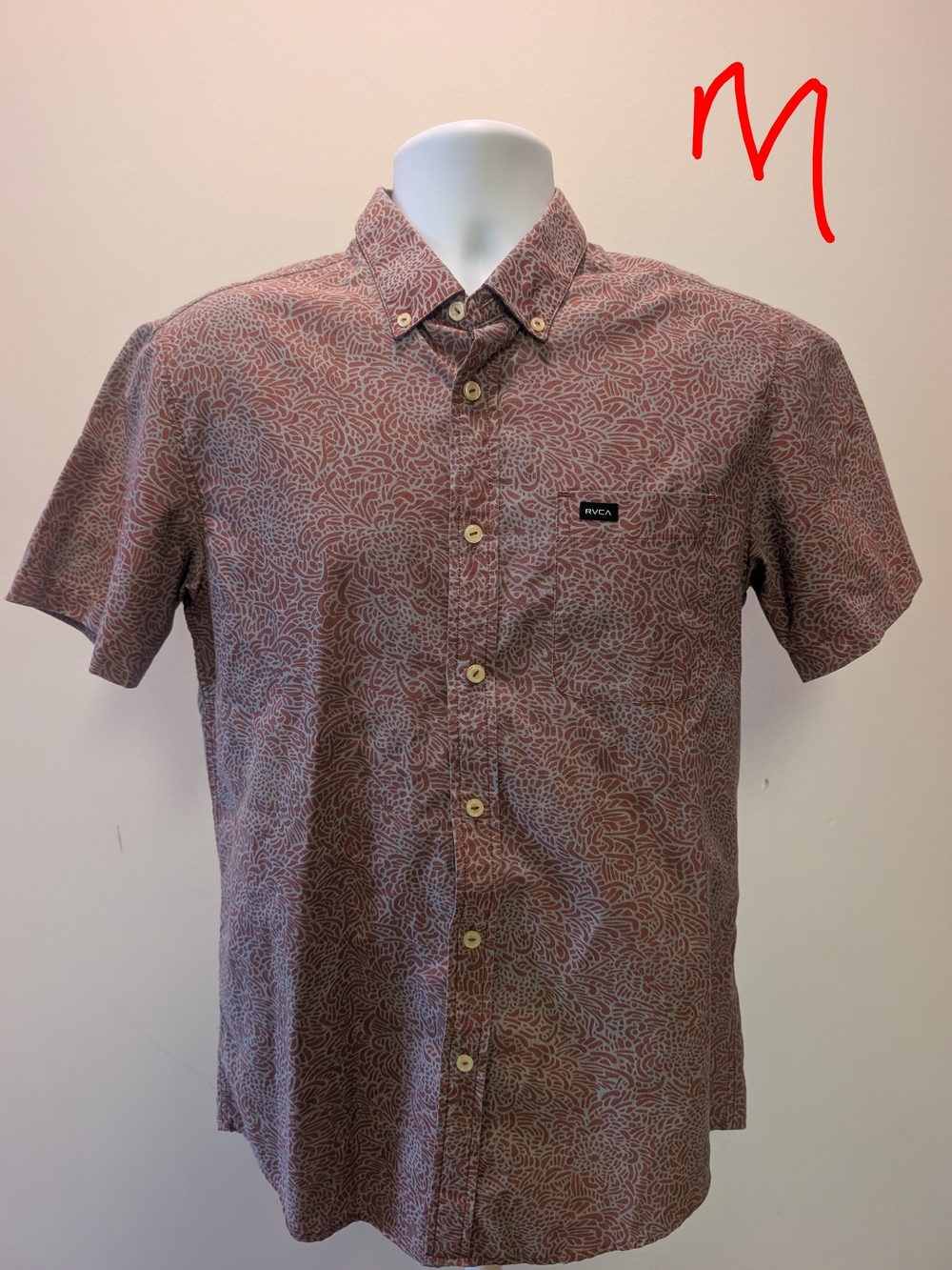 RVCA Men’s Short-Sleeve Button-Down Shirt in Rust and White Floral